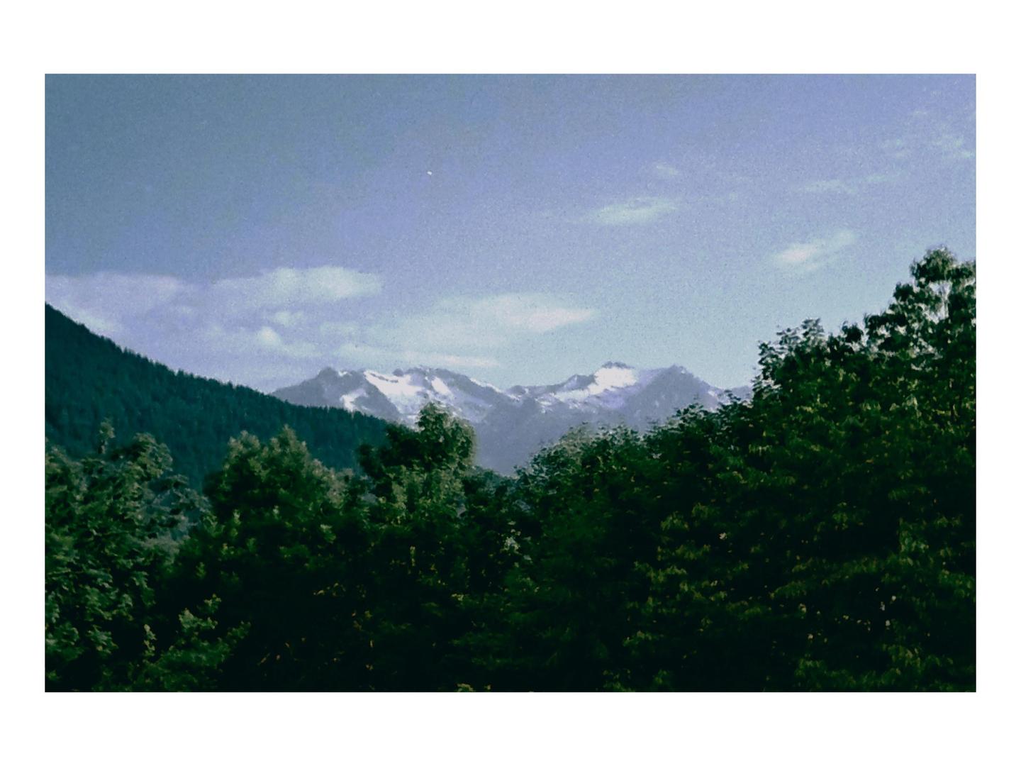 A mountain range with snow-capped peaks is visible behind a dense forest.