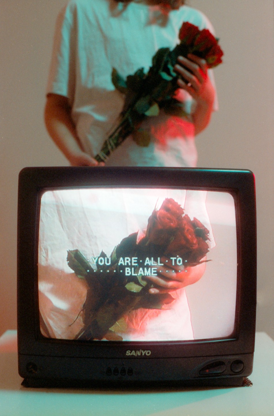 A television displays a person holding a bouquet of roses with the text "YOU ARE ALL TO BLAME" superimposed.