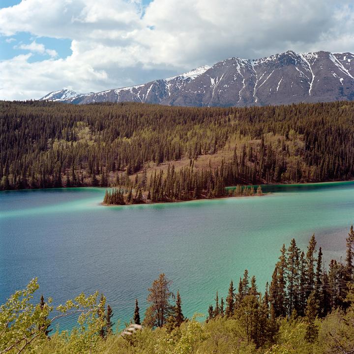 A turquoise lake is surrounded by a dense forest with snow-capped mountains in the background under a cloudy sky.