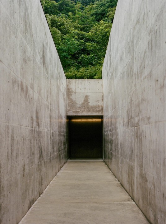 A narrow concrete corridor leads to a dark opening with a strip of light above it, and green trees are visible above the corridor.