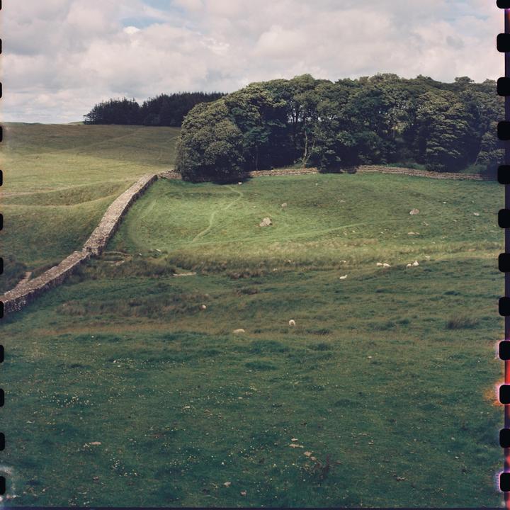 A stone wall winds through a green, hilly landscape with trees under a cloudy sky.