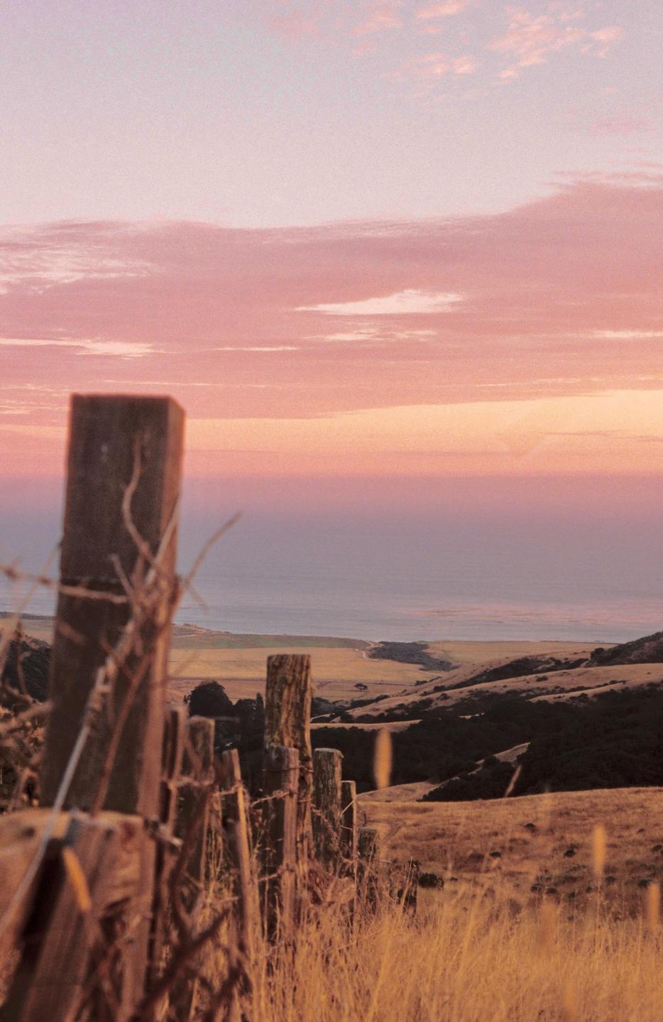 A wooden fence with barbed wire stands in a field of dry grass overlooking a coastline at sunset.
