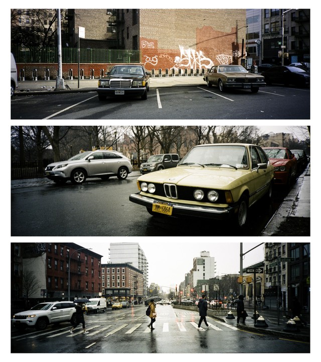 Three separate images show cars parked on a street, a yellow car on a wet street, and people crossing a wet street in a city.