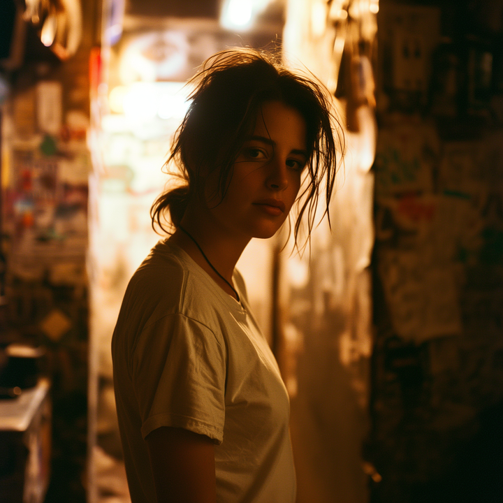 A woman with messy hair and a ponytail stands in a dimly lit room, looking over her shoulder.