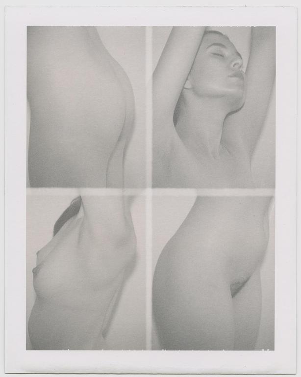 A woman's body is shown in four sections, with her head tilted back and arms raised in the top right section.