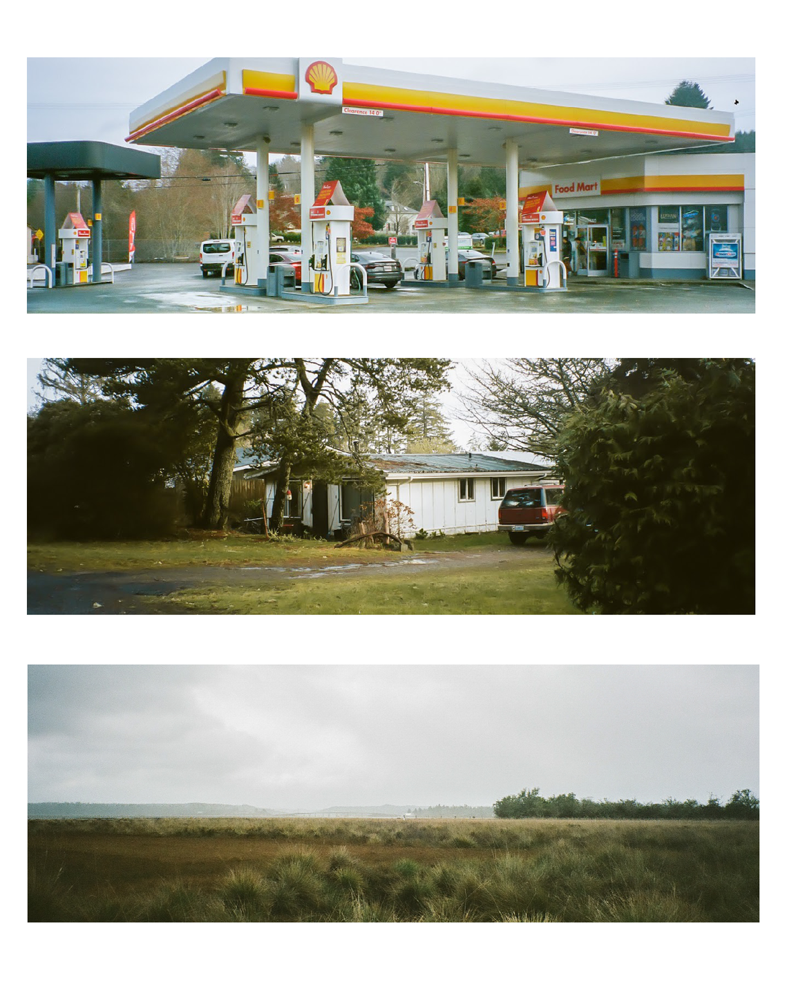Three distinct images are presented: a gas station, a house with a yard, and a marshland.