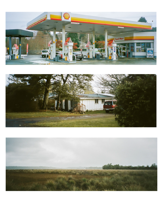 Three distinct images are presented: a gas station, a house with a yard, and a marshland.