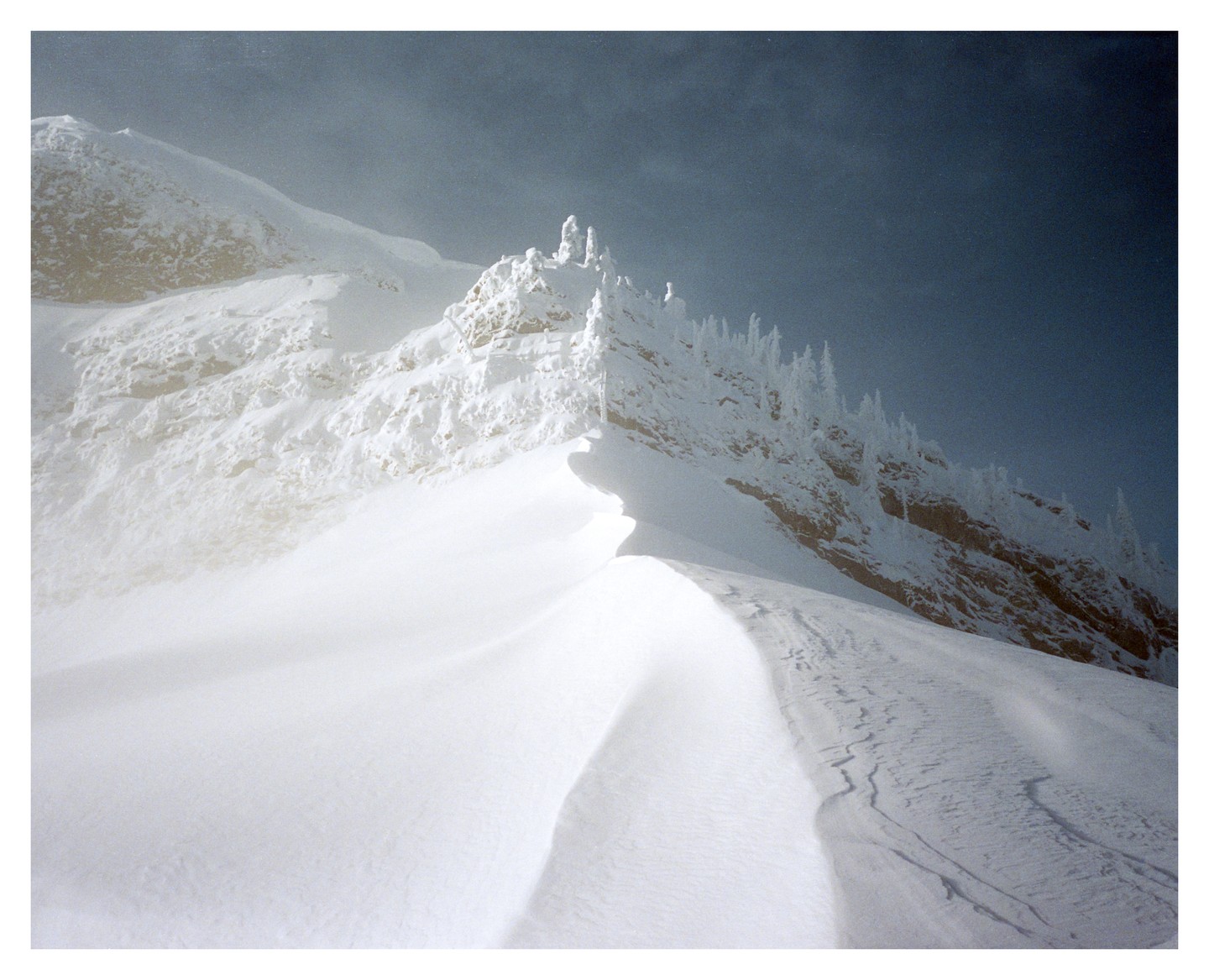A snow-covered mountain with a dark sky and a line of frosted trees.