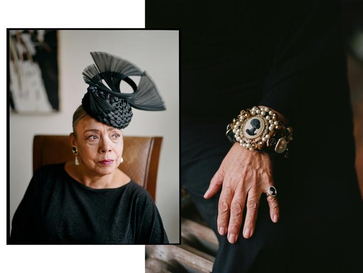 A woman wearing a black hat and earrings is shown in a diptych with a close-up of her hand adorned with a cameo bracelet and ring.