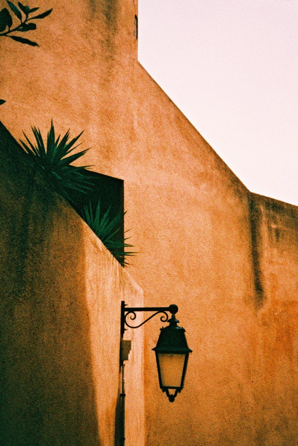 A street lamp is mounted on an orange building with plants growing from a window.