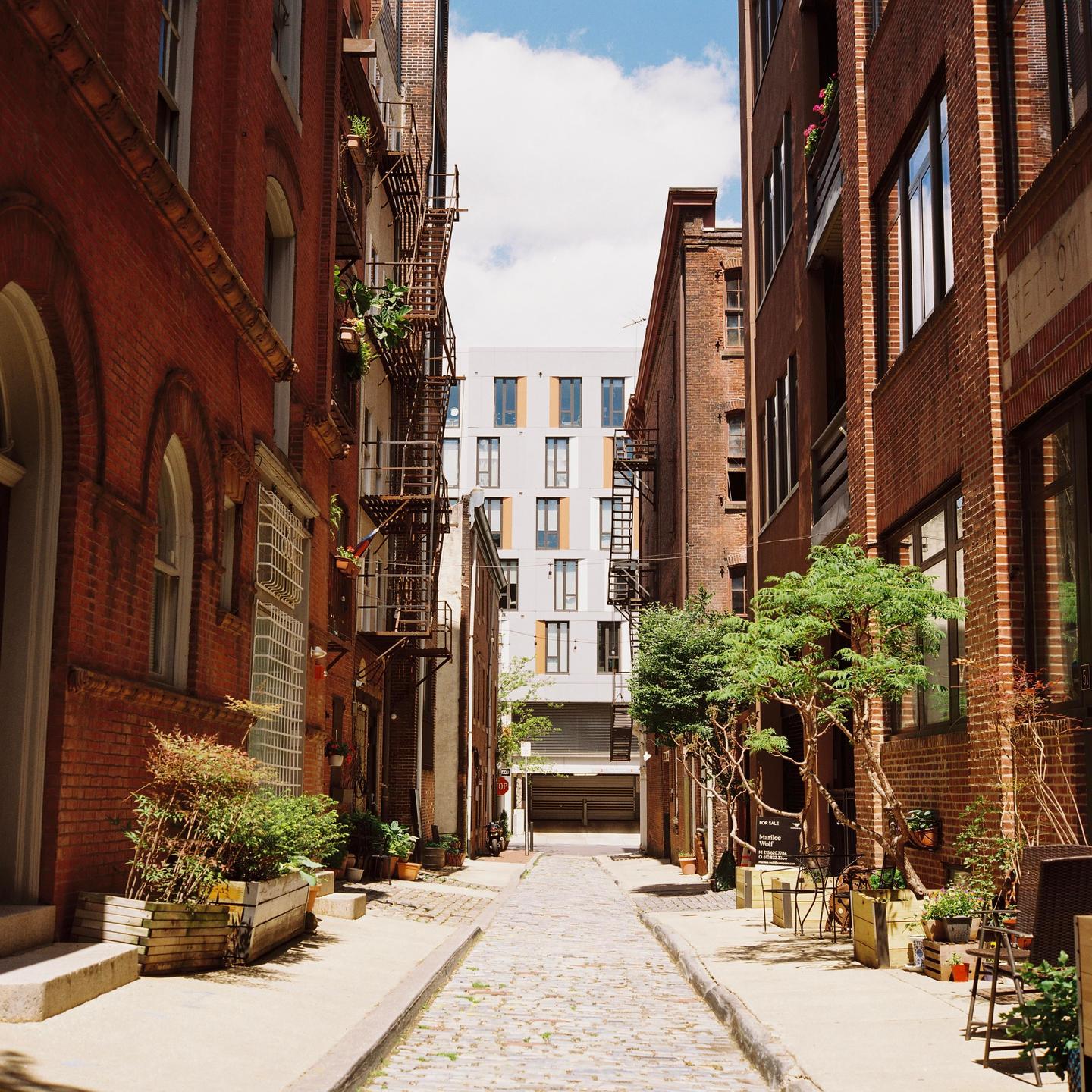 A narrow cobblestone alley is lined with brick buildings and potted plants under a bright sky.