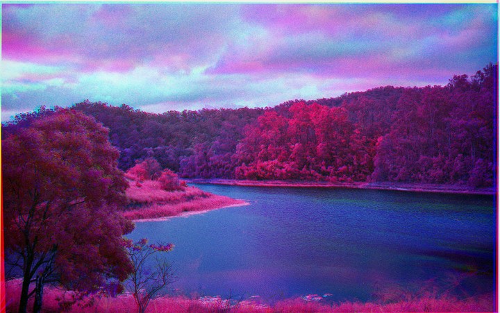 A body of water is surrounded by trees and grass under a cloudy sky.