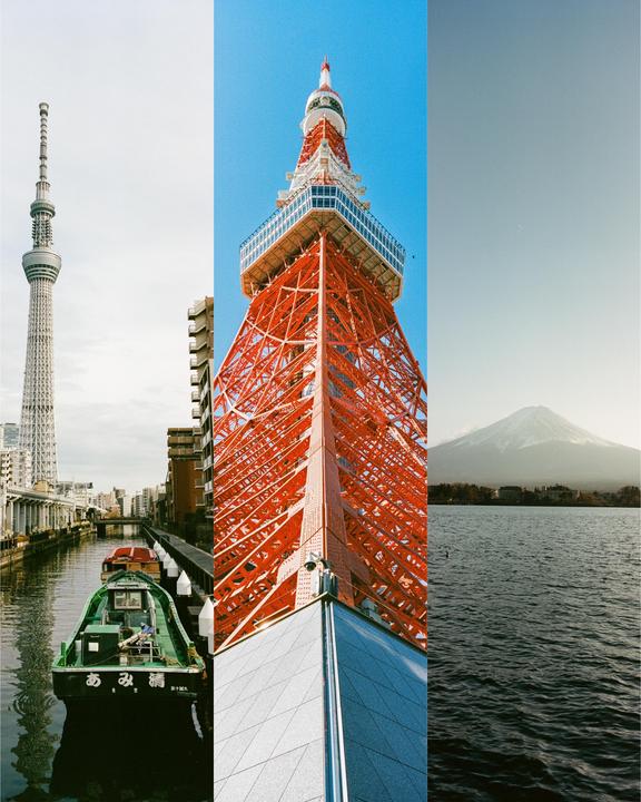Three vertical panels show a canal with a boat and a tall tower, a red and white tower against a blue sky, and a lake with a mountain in the background.