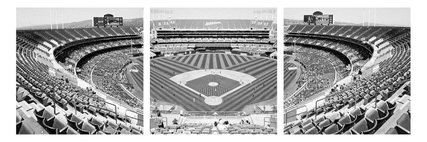 A triptych shows a baseball stadium with a game in progress and many spectators in the stands.