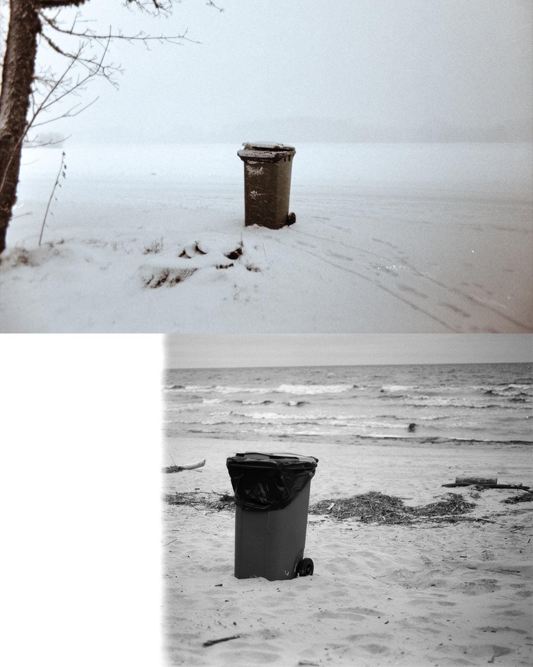 A split image shows a trash can in a snowy landscape and a trash can on a sandy beach with an ocean in the background.