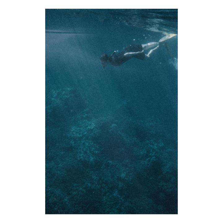 A person wearing fins and a snorkel swims underwater above a coral reef.