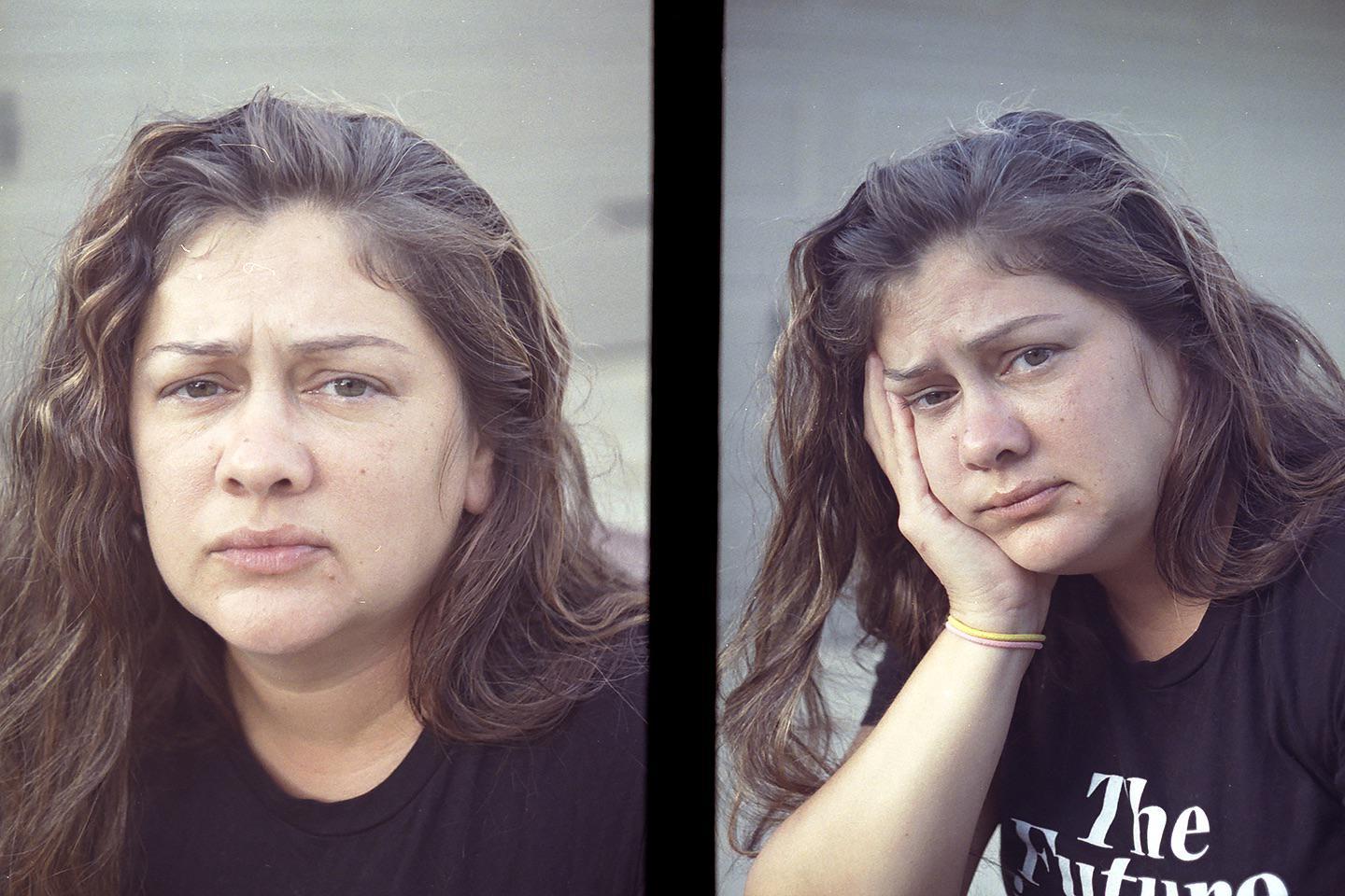 A woman with long, wavy hair is shown in two close-up portraits, one with a neutral expression and the other with her hand resting on her cheek.