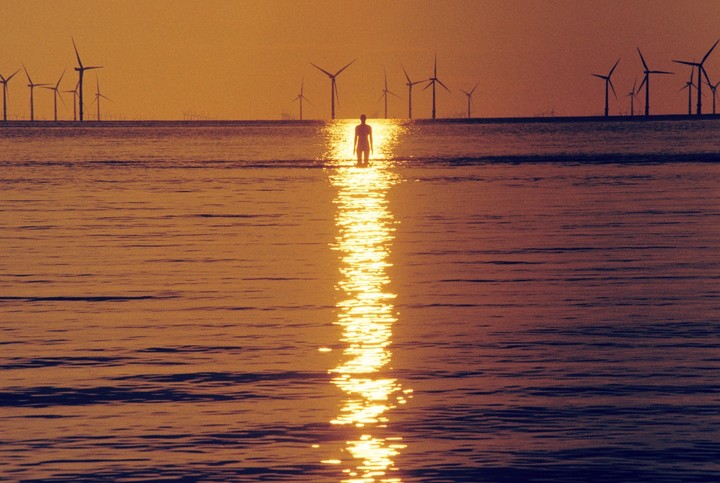 A lone figure stands in the water with a line of wind turbines on the horizon under a golden sky.