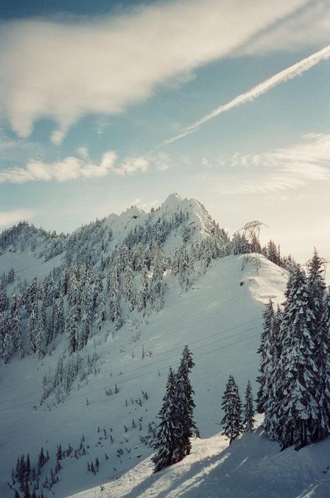 A snow-covered mountain with evergreen trees and power lines is visible under a cloudy sky.