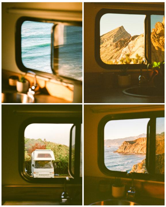 Four square images show views from inside a camper van, including the ocean, mountains, another camper van, and a coastline.