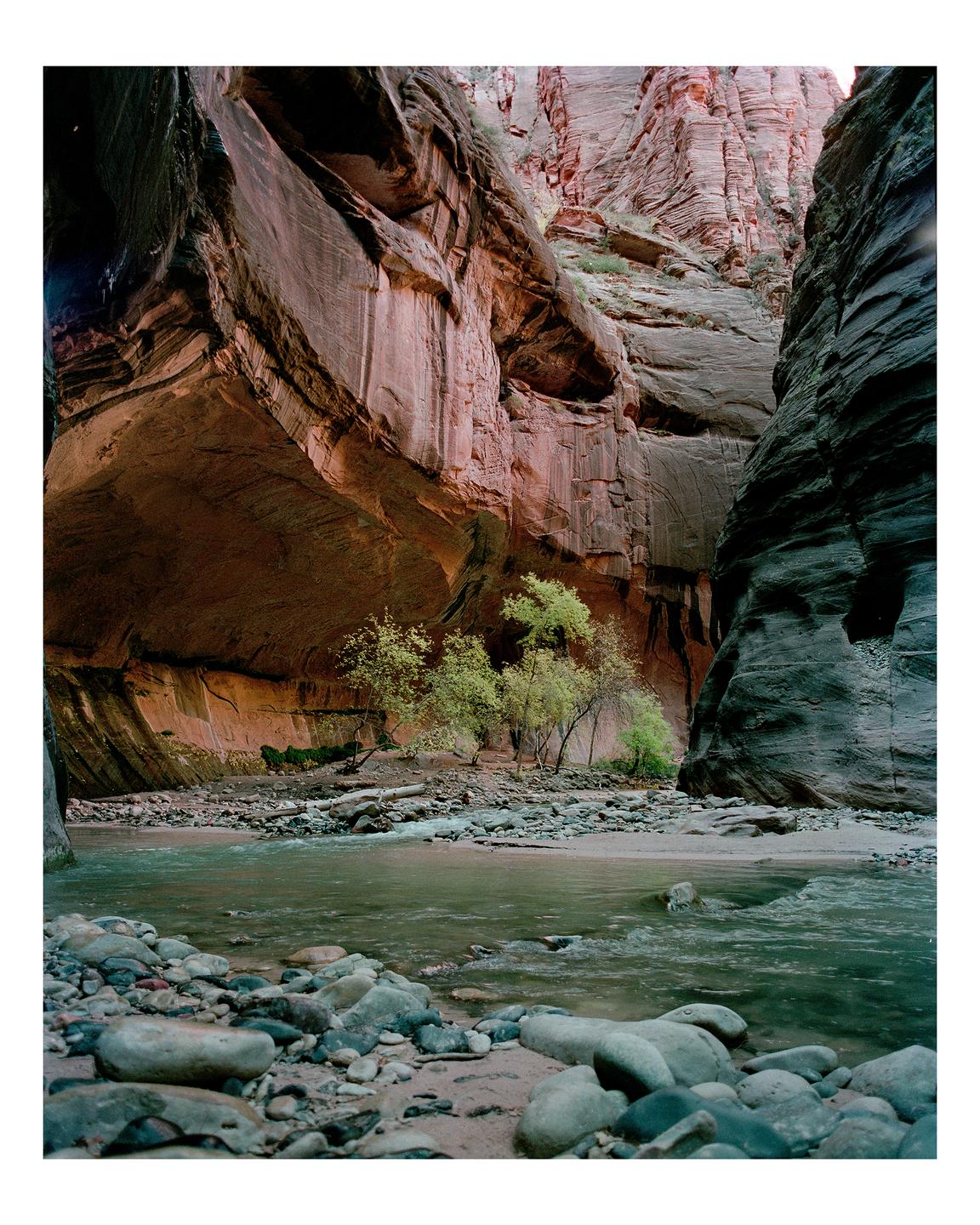 A river flows through a canyon with tall rock walls and green trees.