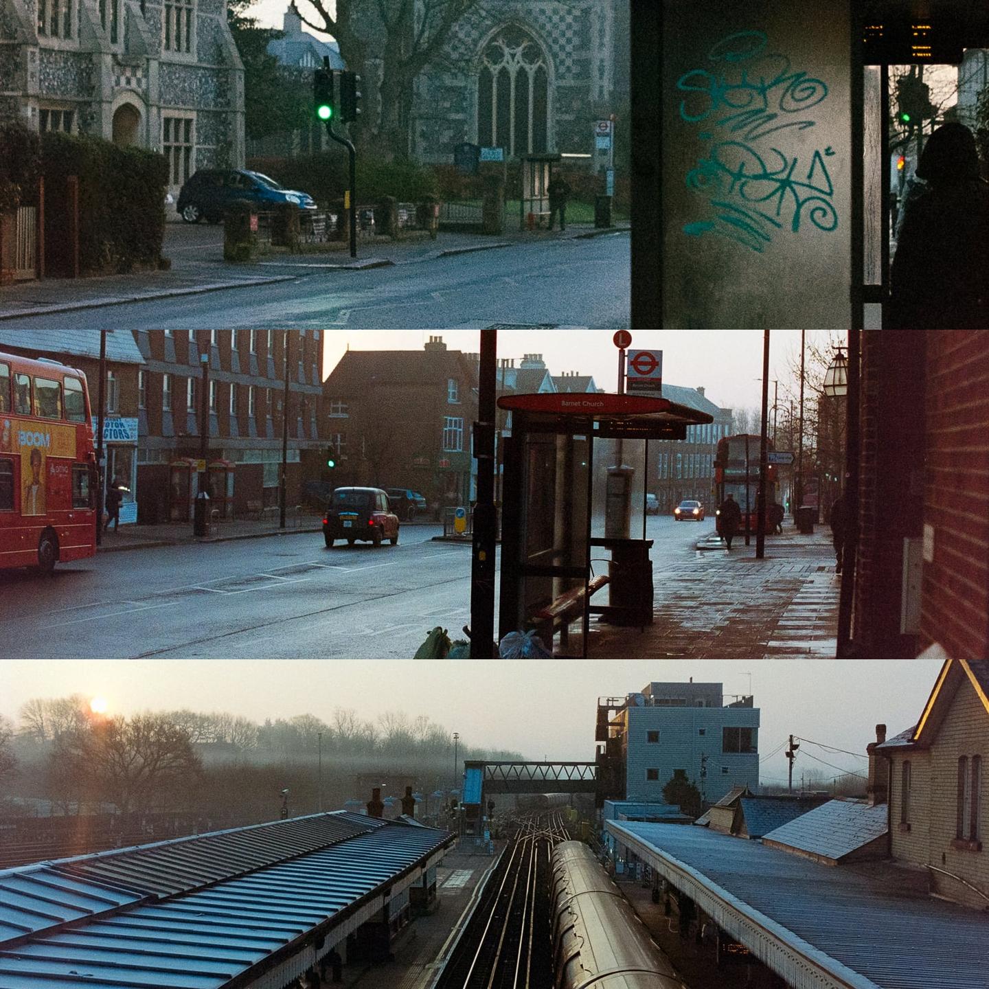 Three images show a street with a bus stop and a train station with tracks and platforms.
