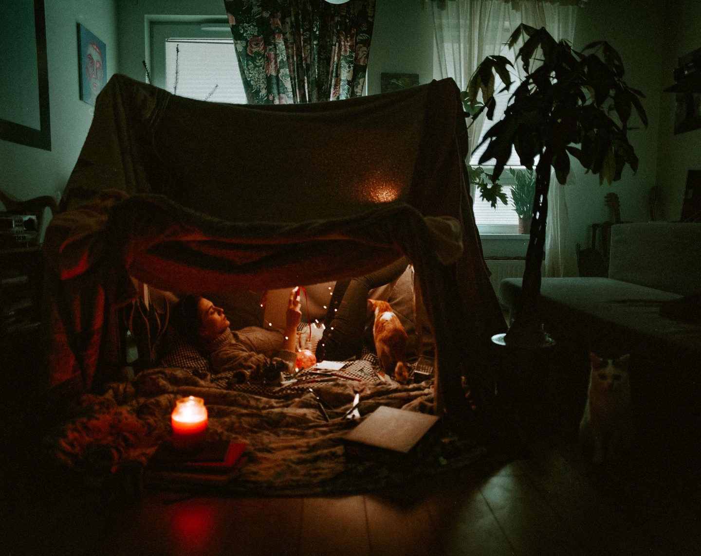 A woman and a cat are inside a blanket fort lit by string lights and a candle, with another cat sitting outside the fort.