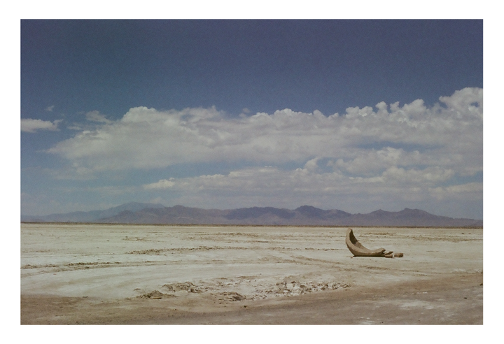 A large, curved, light-colored object lies on a vast, flat, dry landscape under a partly cloudy sky with mountains in the distance.