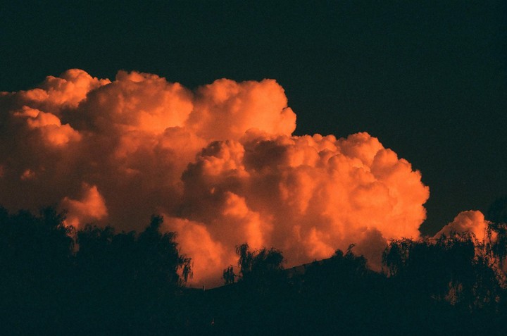 Bright orange clouds are visible above a dark silhouette of trees and a distant building.