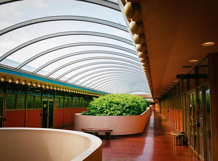 A long, curved hallway with a glass ceiling and a large planter filled with green bushes runs through the center.
