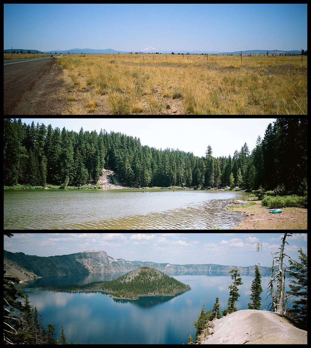 Three landscape images are stacked vertically, showing a road next to a field with a distant mountain, a lake surrounded by a forest, and a volcanic lake with an island.