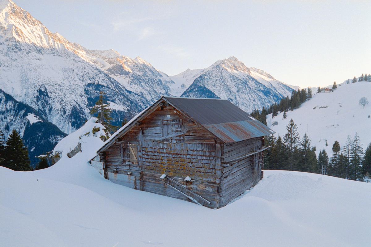 A wooden cabin sits in a snowy mountain landscape with pine trees and a ladder leaning against the cabin.