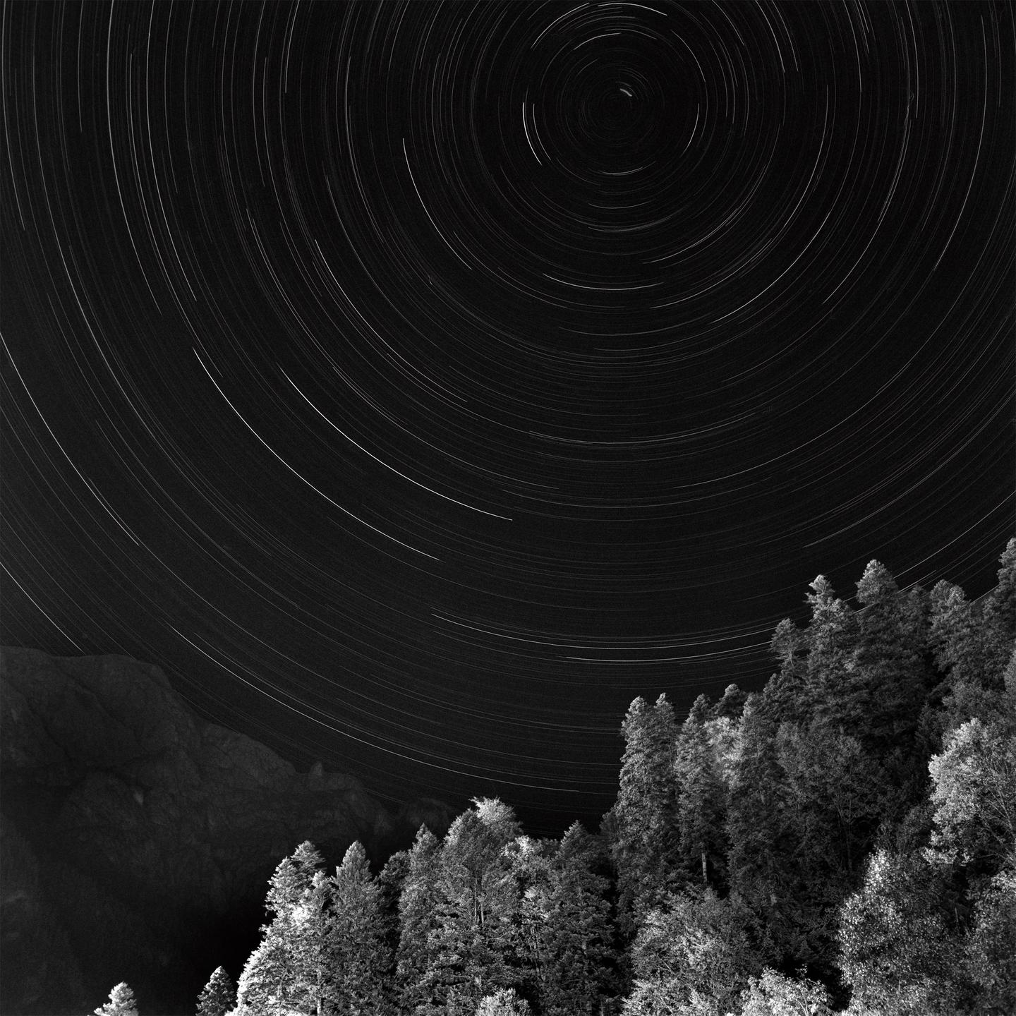 Star trails arc across the night sky above a forest and mountain.
