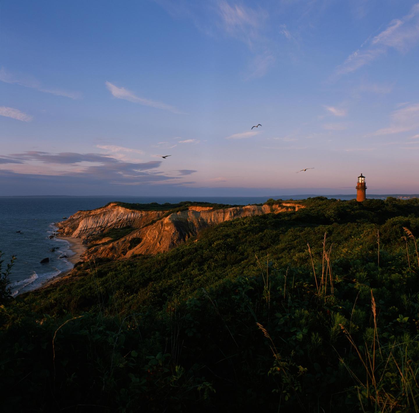 A lighthouse stands on a cliff overlooking the ocean at sunset, with birds flying in the sky.