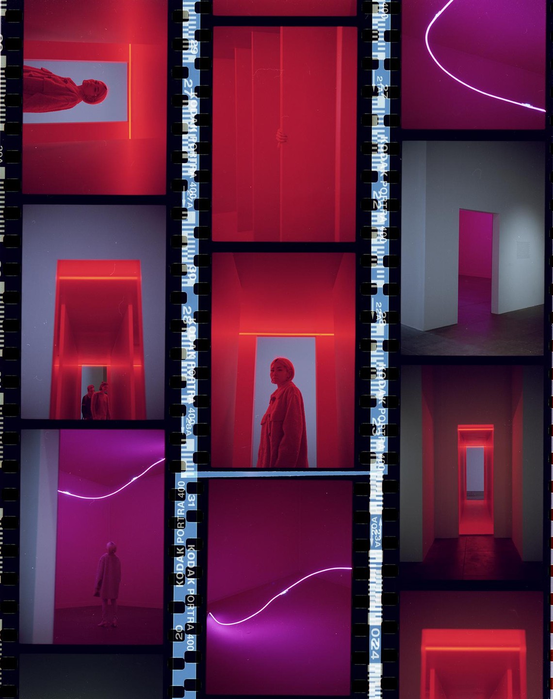A contact sheet shows multiple exposures of a woman in a red room with neon lights.