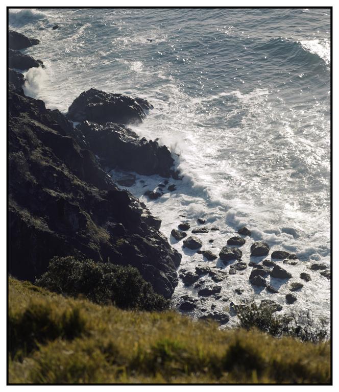 Waves crash against a rocky coastline with green grass in the foreground.