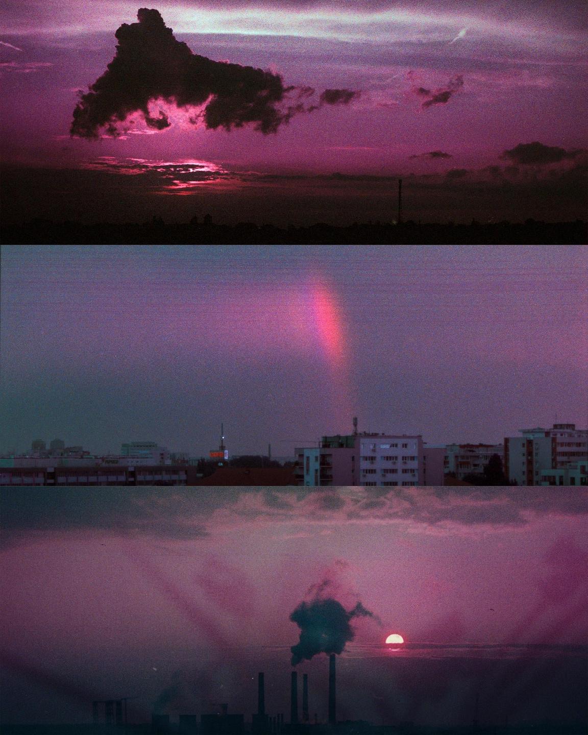 Three images are stacked vertically, showing a purple sky with clouds, a cityscape, and industrial smokestacks with a setting sun.