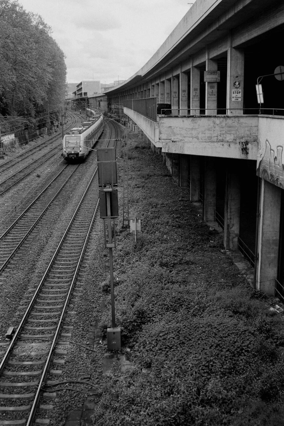 A train travels on tracks next to a concrete overpass covered in graffiti.