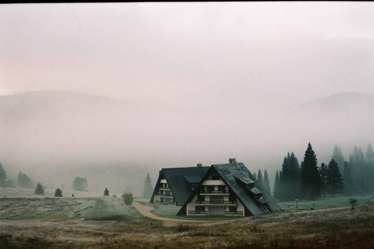 Two A-frame buildings stand in a field with a forest and mountains in the background, all shrouded in fog.