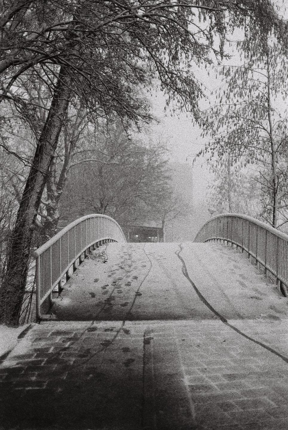 A snow-covered bridge with footprints and tire tracks leads into a hazy, tree-lined distance.