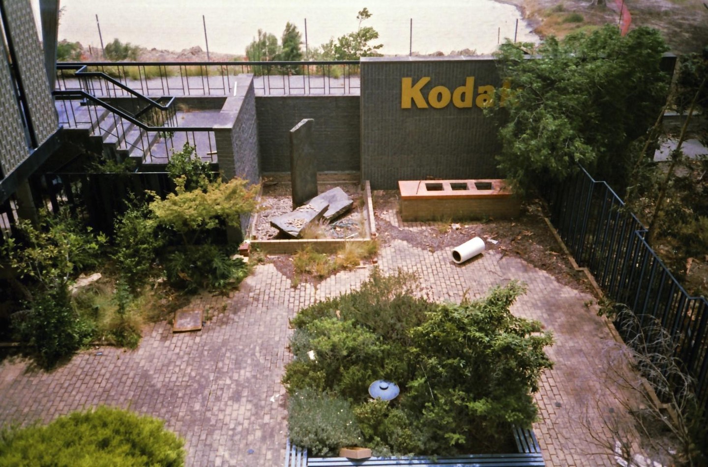 An abandoned Kodak factory building with overgrown plants and debris is seen from an elevated perspective.