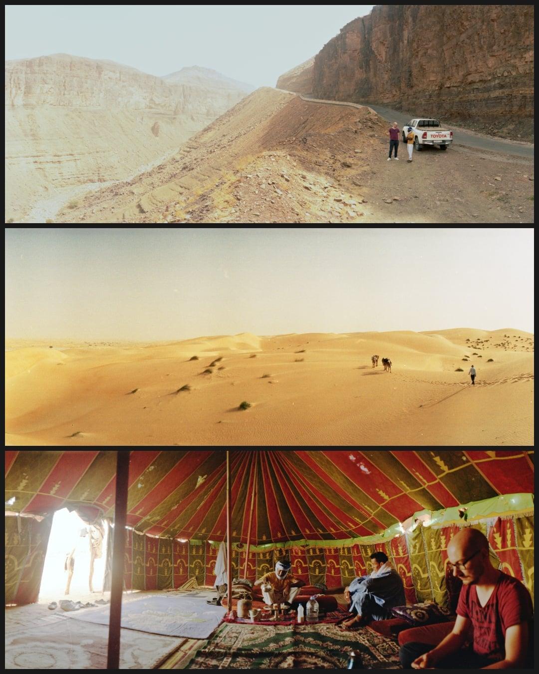 Three images show a desert landscape with mountains and a road, a vast expanse of sand dunes with camels and a person, and people inside a colorful tent.