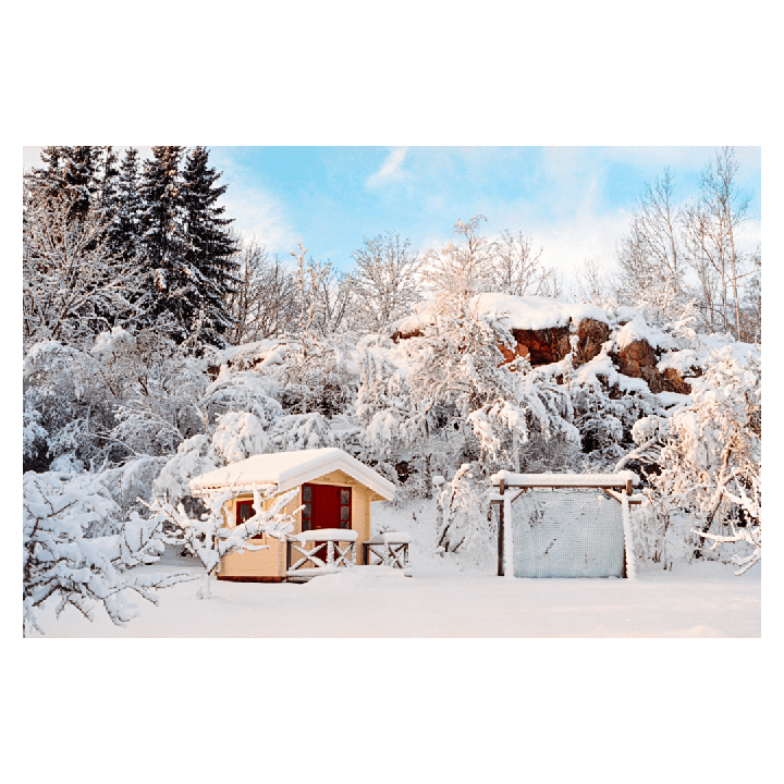 A small yellow cabin with a red door sits in a snow-covered landscape with trees and rocks in the background.