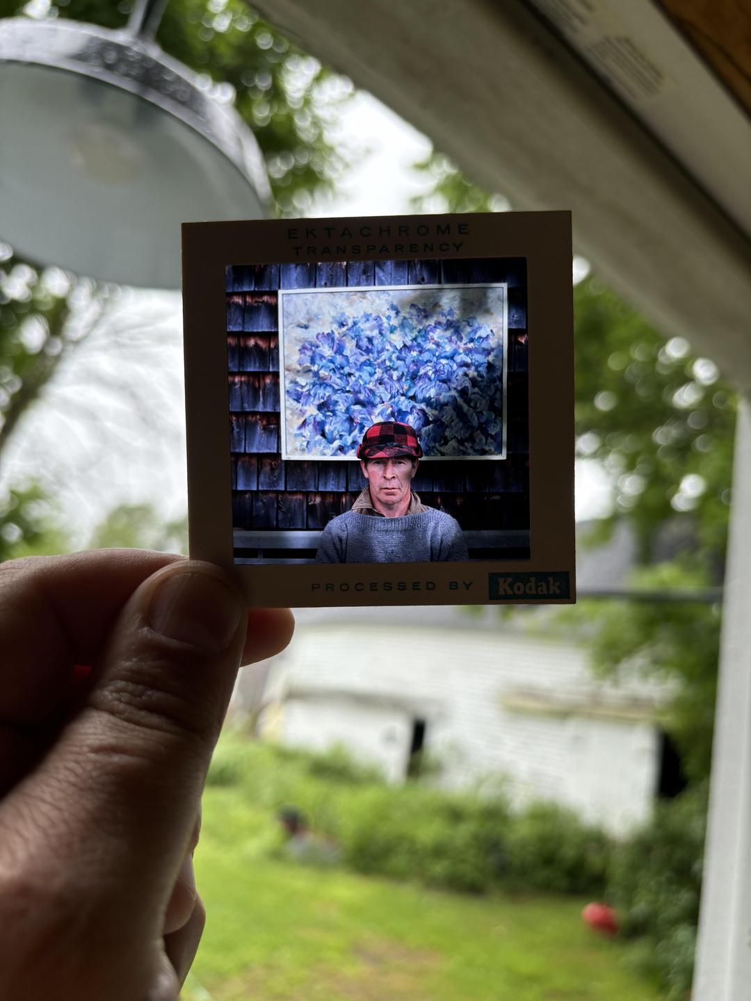 A hand holds up a slide featuring a man in a plaid hat with a painting of blue flowers behind him.