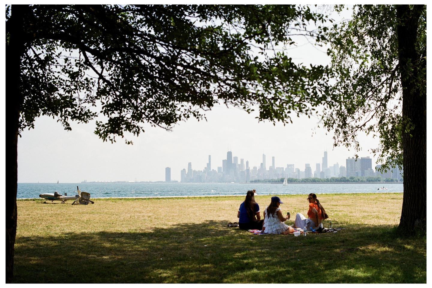 Three women sit on a grassy bank under a tree, looking out at a city skyline across a body of water.