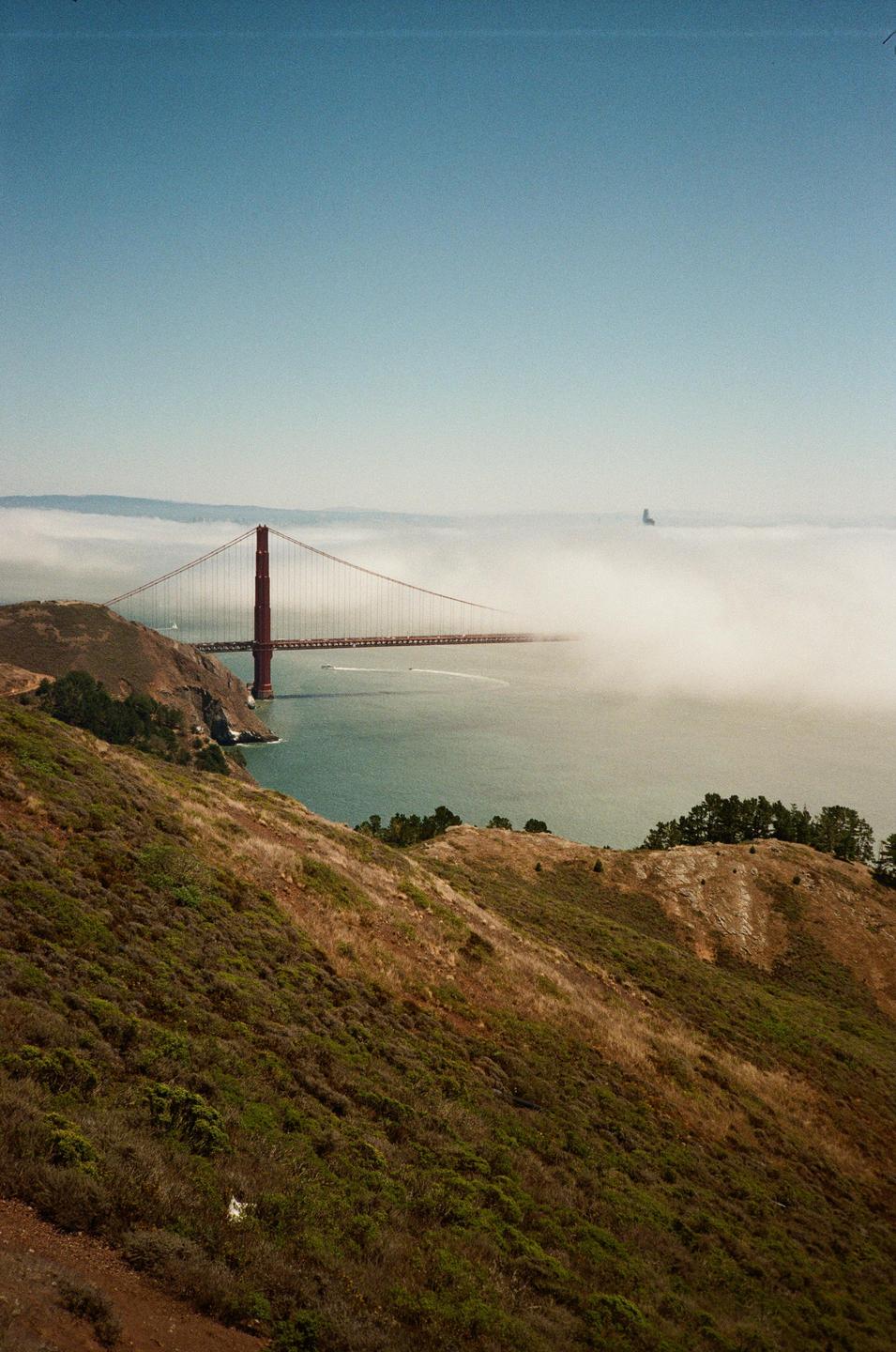 The Golden Gate Bridge is partially obscured by fog, with hills covered in green and brown foliage in the foreground.