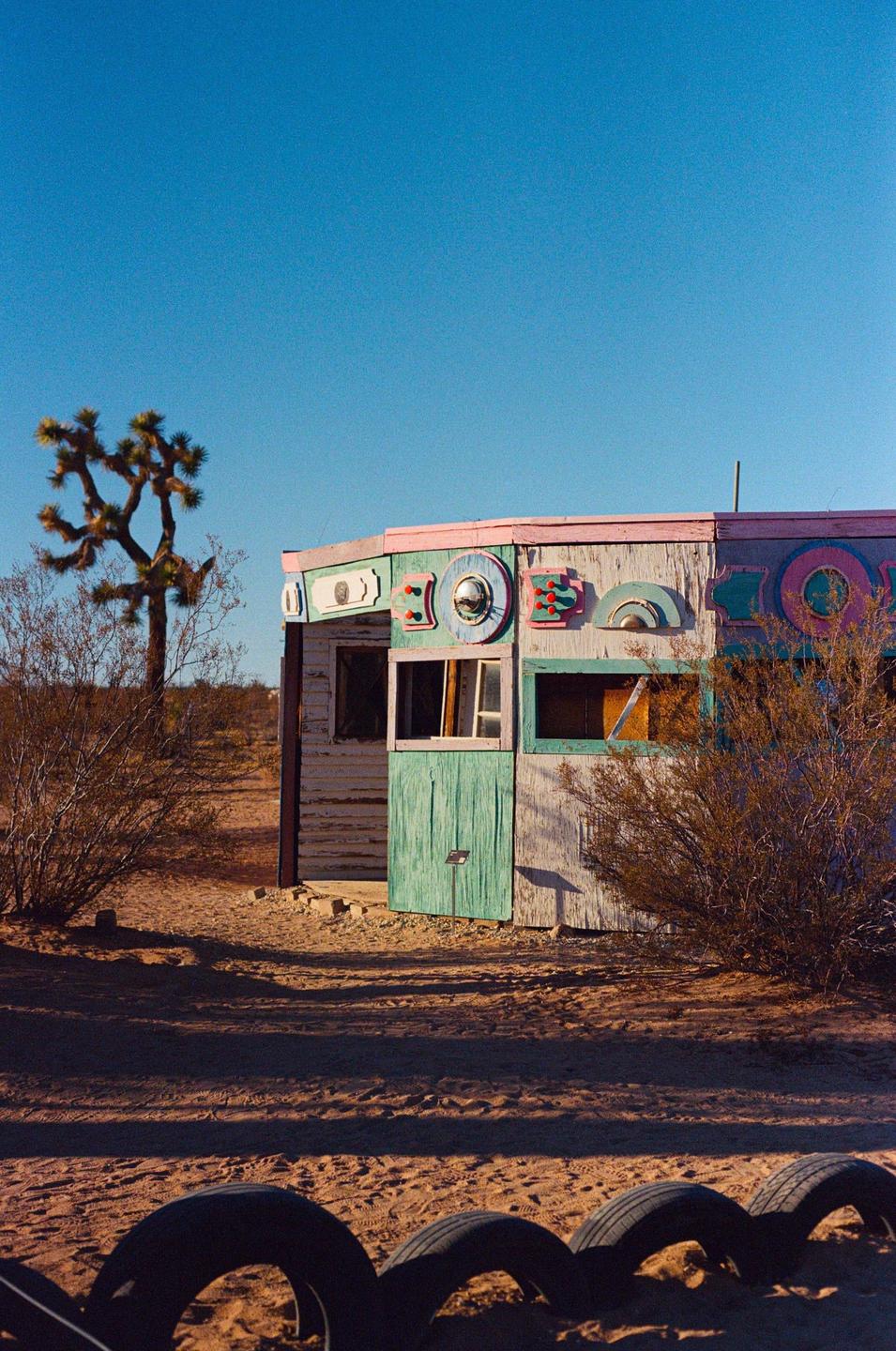 A colorful, dilapidated shack stands in a desert landscape with a joshua tree and tires in the foreground.