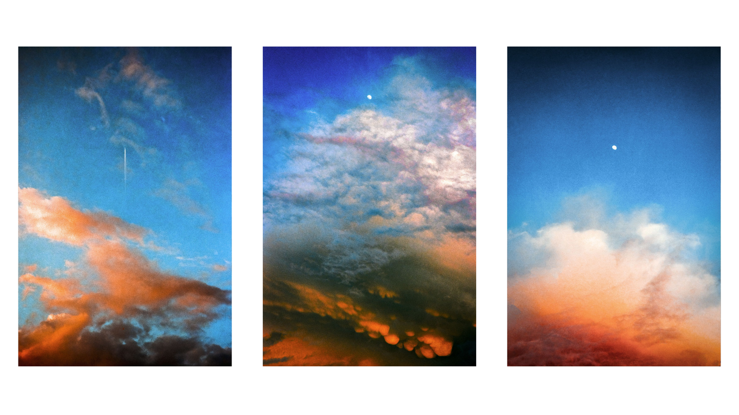 Three vertical images show different cloud formations and colors in the sky, with a moon visible in two of them and a contrail in one.