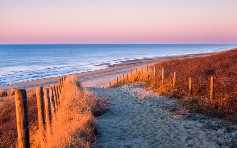 A sandy path leads to a beach with a calm ocean under a colorful sky at sunset.