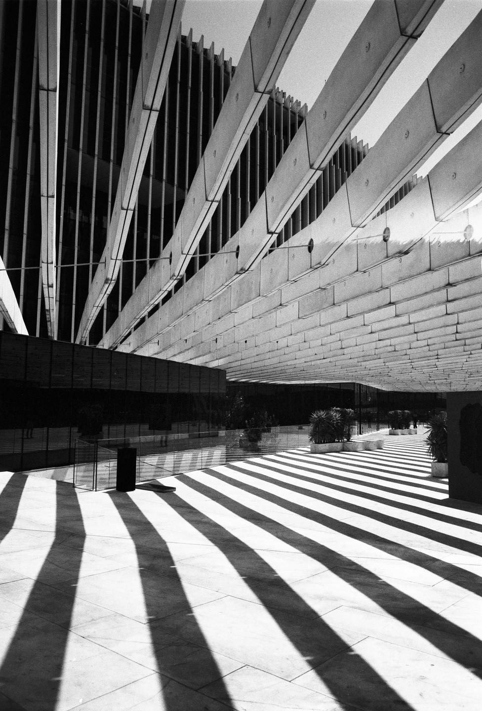 Sunlight casts long, parallel shadows across a tiled patio next to a modern building with a slatted facade.